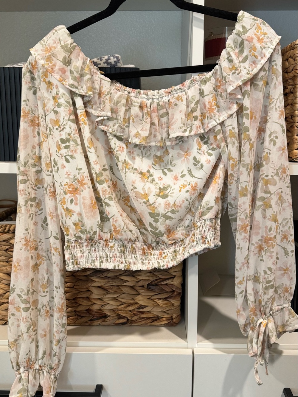 Bluivy Cream Floral Off-Shoulder Ruffle Crop Top